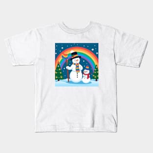 Two cute snowman, rainbow in the snow Kids T-Shirt